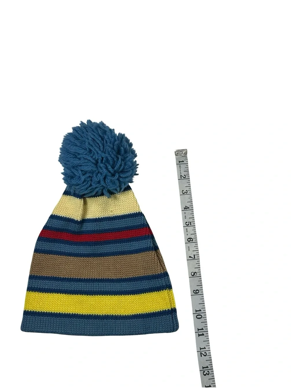 Vtg Smiley Parks Nevada 100% Wool Knit Pom Beanie Hat Blue Striped Ski 1 Size
